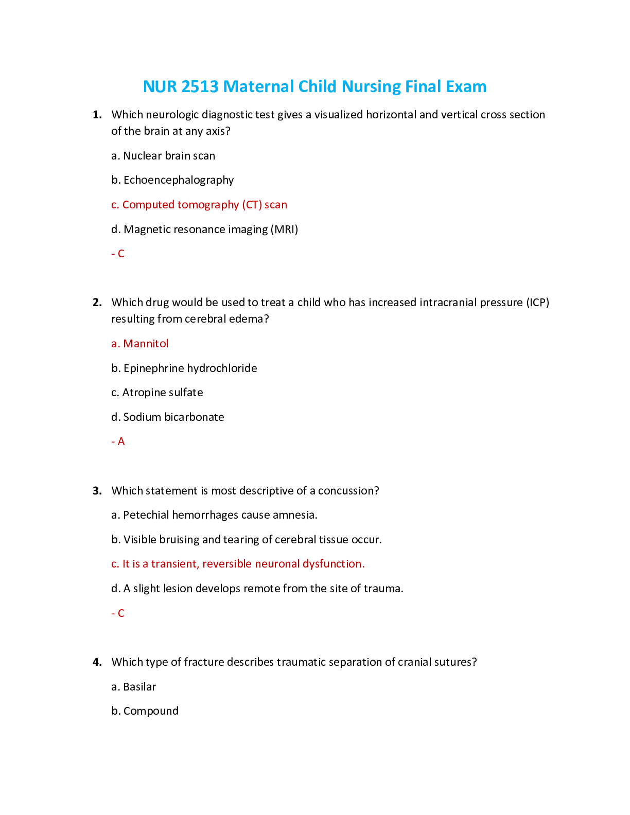 Preview image for NUR 2513 / NUR2513 Final Exam: Maternal Child Nursing Final Exam Review (Latest 2021/2022) Rasmussen